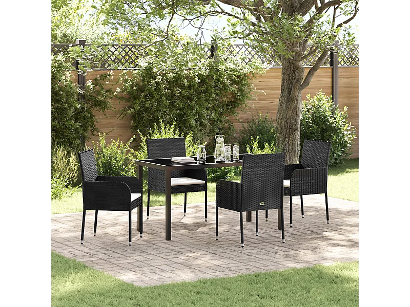Set da pranzo da giardino 5 pezzi con cuscini in polyrattan nero