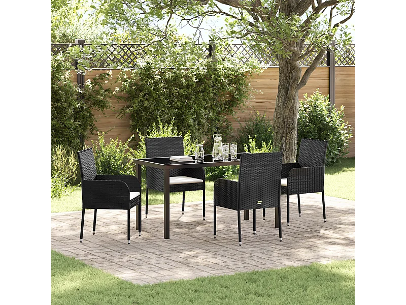 Ensemble de Salle à Manger de Jardin de 5 Pièces avec Coussins en Poly Rattan Noir