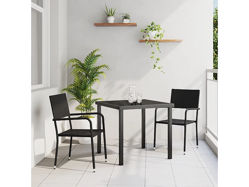 Set da pranzo da giardino in polyrattan nero da 3 pezzi