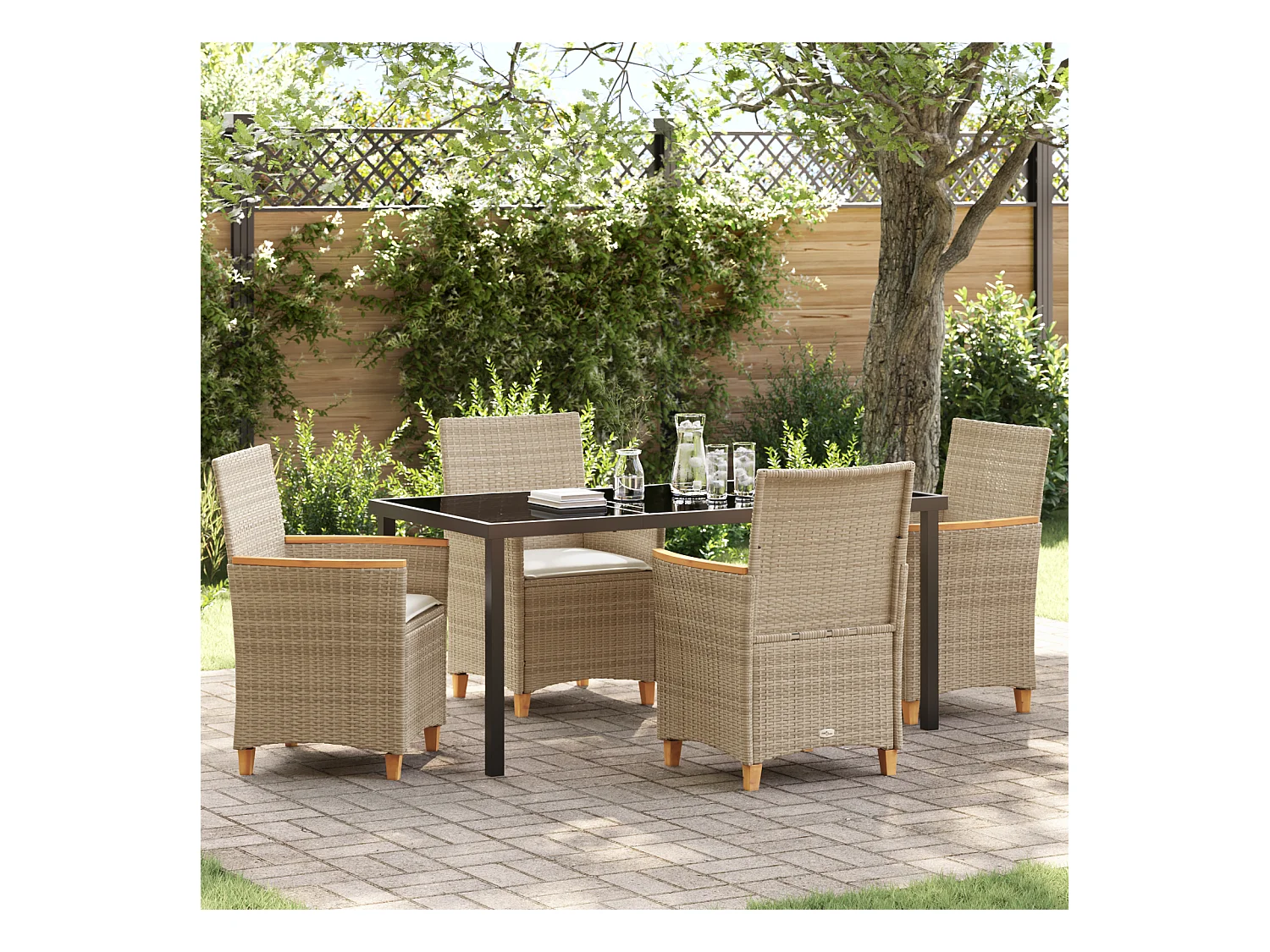 5-delige tuinset met kussens, beige polyrotan