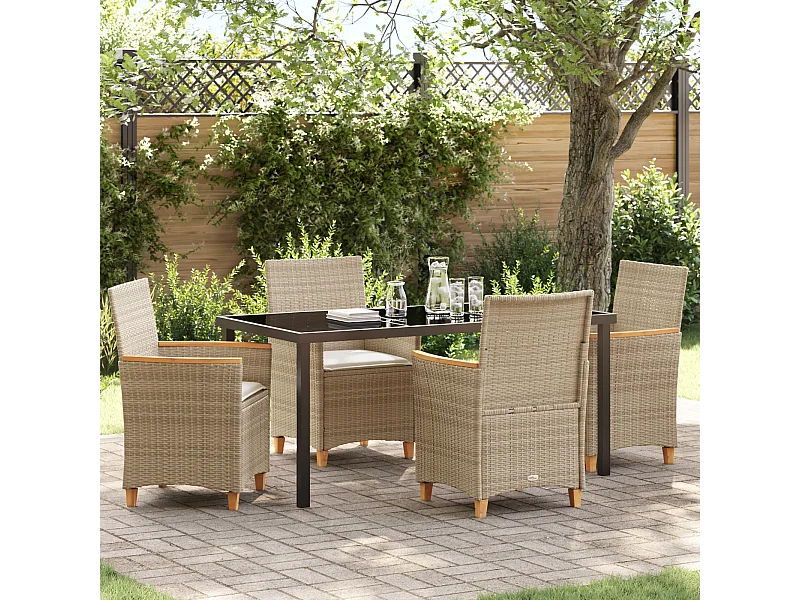 Set de salle à manger de jardin 5 pièces avec coussins Beige Poly Rattan