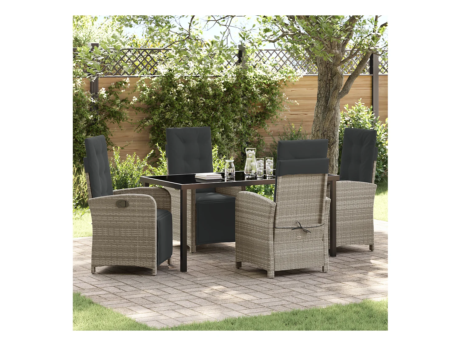Set da pranzo da giardino da 5 pezzi con cuscini in polyrattan grigio chiaro