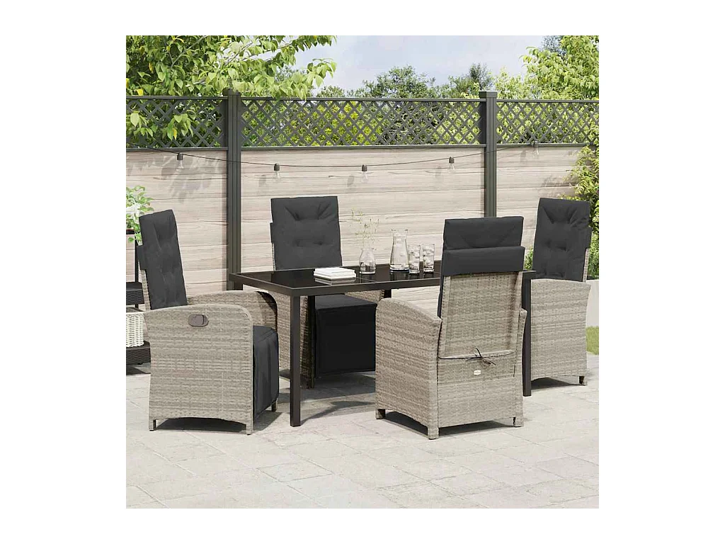 Ensemble salle à manger jardin 5 pièces avec coussins poly rotin gris clair