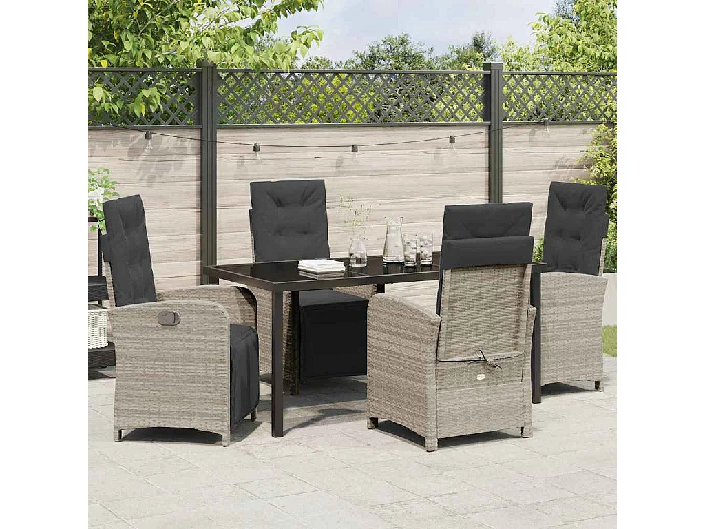 Set da pranzo da giardino da 5 pezzi con cuscini in polyrattan grigio chiaro