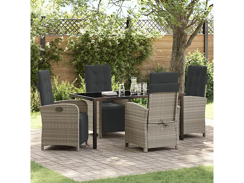 Set da pranzo da giardino da 5 pezzi con cuscini in polyrattan grigio chiaro