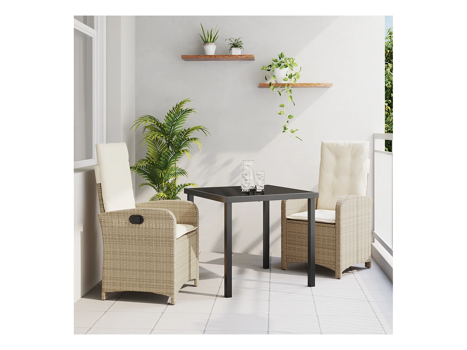 Set da pranzo da giardino composto da 3 pezzi con cuscini in polyrattan beige