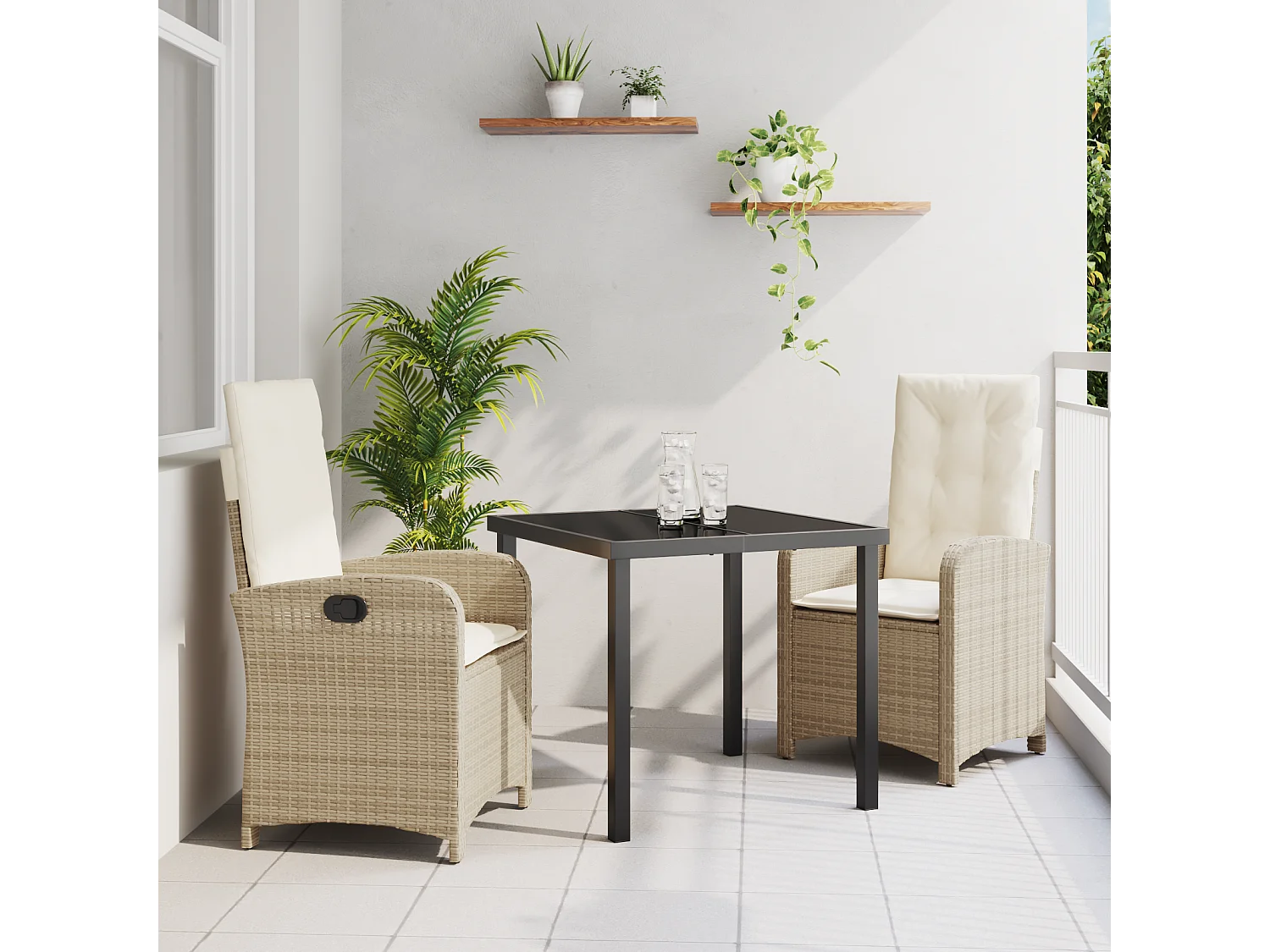 Set de salle à manger de jardin 3 pièces avec coussins beige rattan poly
