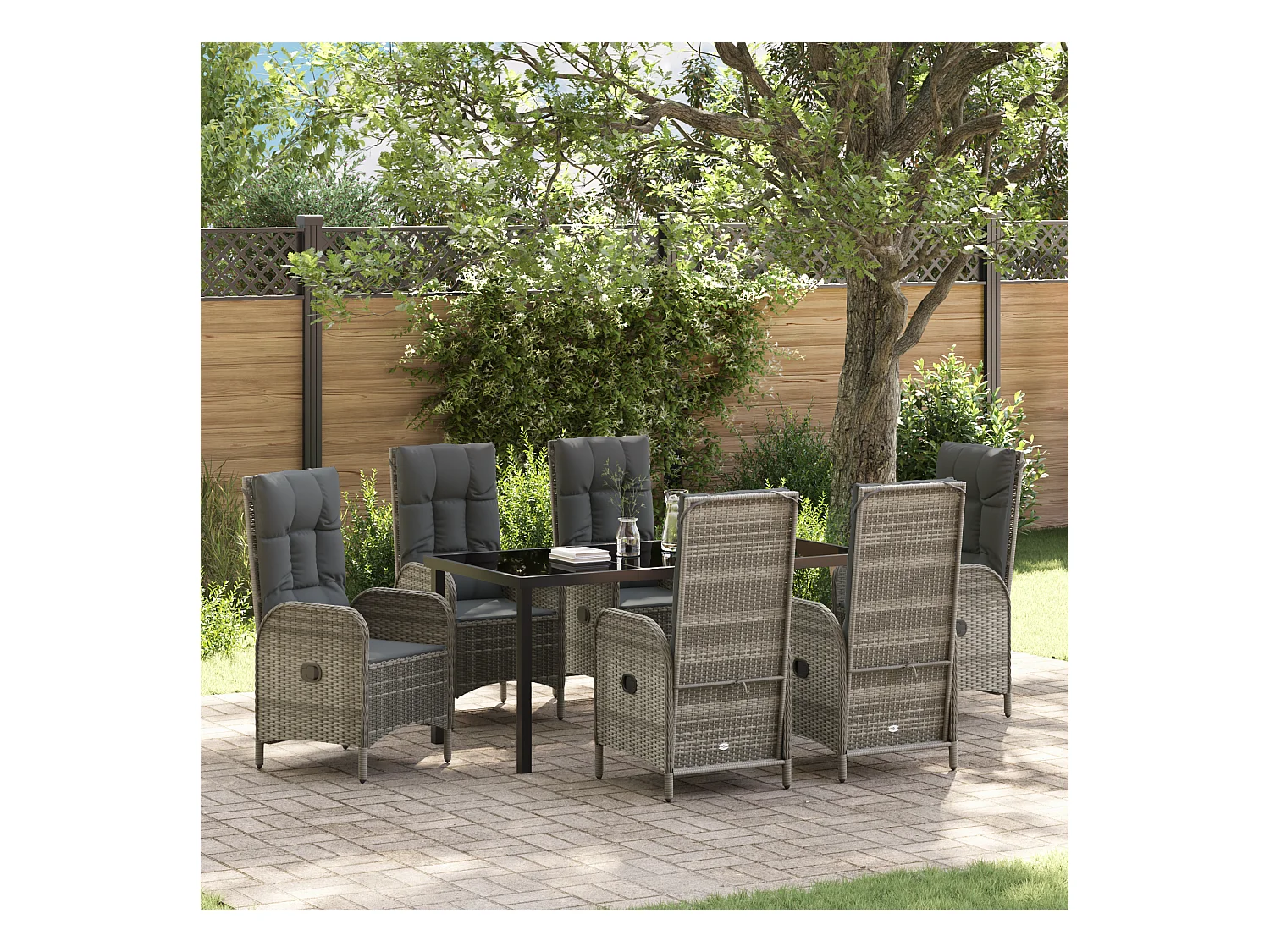 Set da pranzo da giardino in polyrattan grigio da 7 pezzi