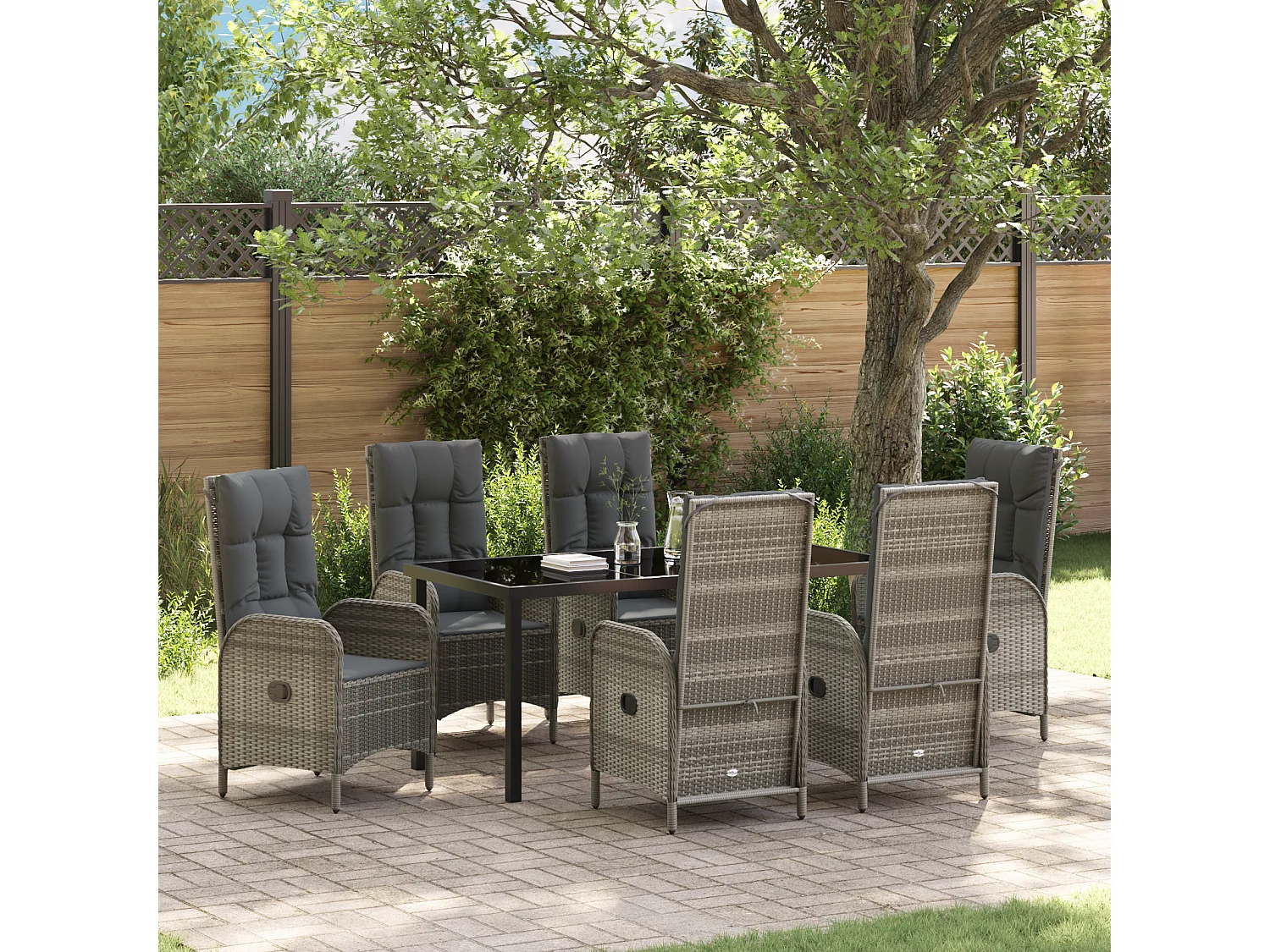 Set de 7 pièces de salle à manger de jardin en poly rotin gris