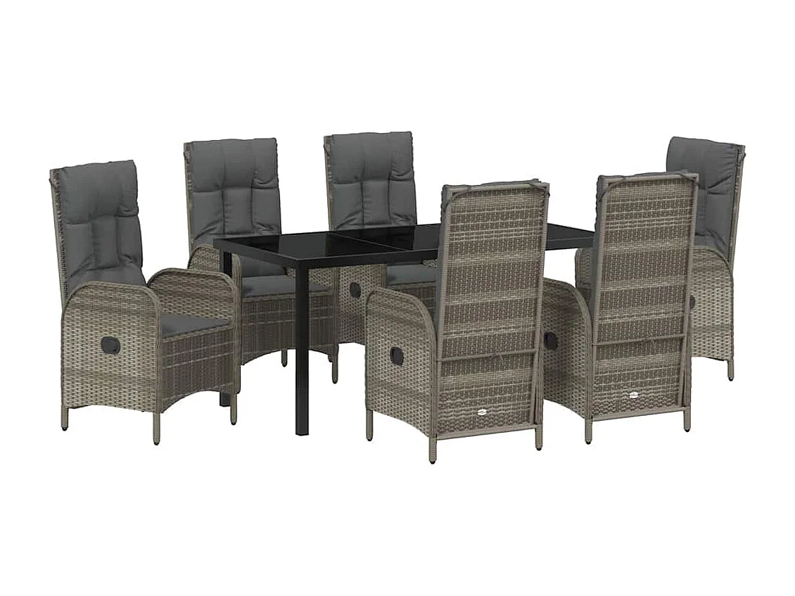 Set de 7 pièces de salle à manger de jardin en poly rotin gris