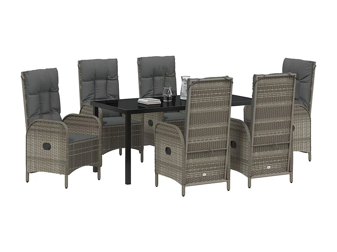 Set de 7 pièces de salle à manger de jardin en poly rotin gris