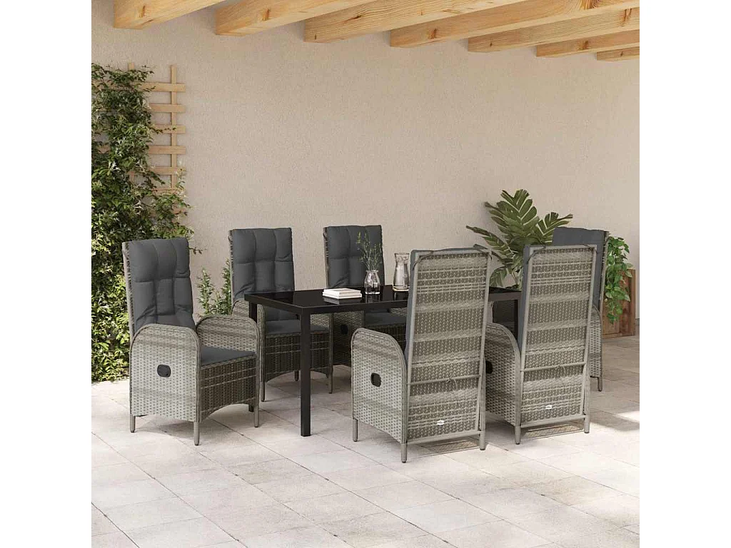 Set de 7 pièces de salle à manger de jardin en poly rotin gris