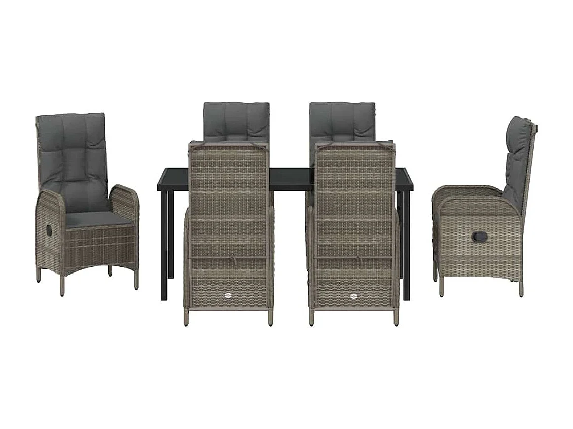 Set de 7 pièces de salle à manger de jardin en poly rotin gris