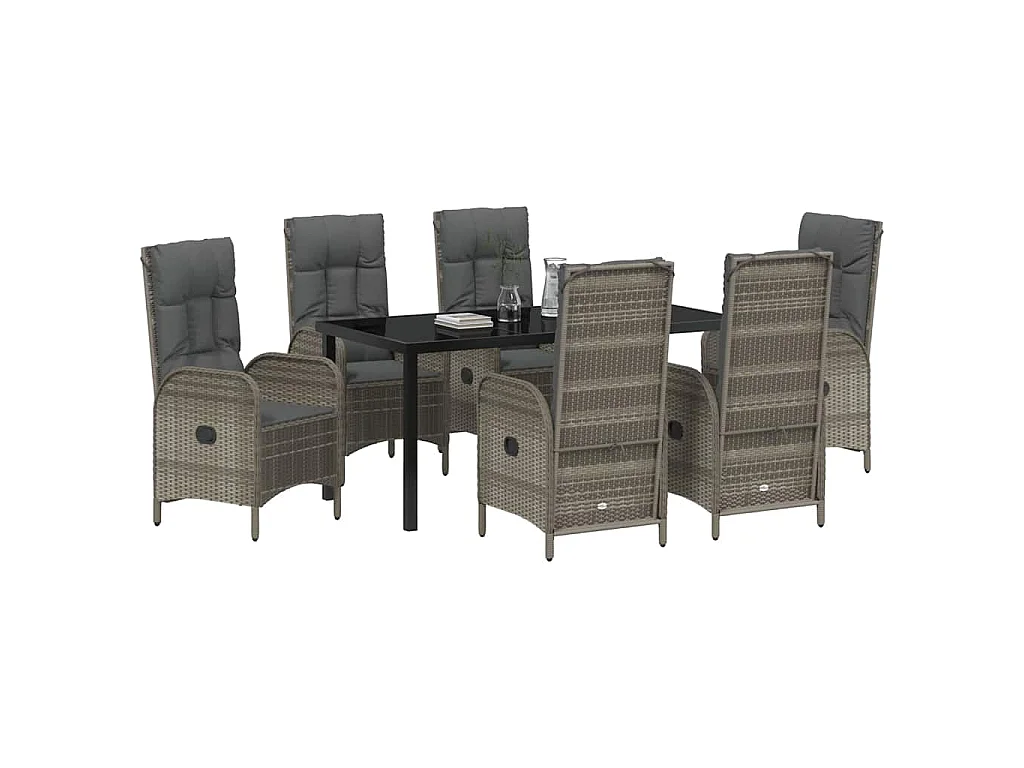 Set de 7 pièces de salle à manger de jardin en poly rotin gris