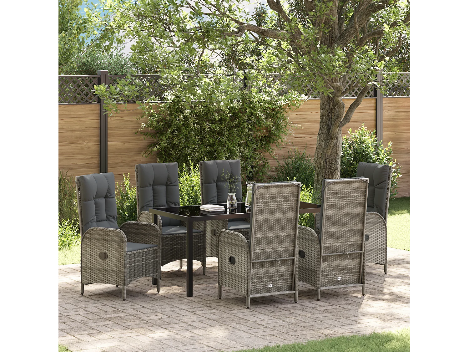 Set de 7 pièces de salle à manger de jardin en poly rotin gris