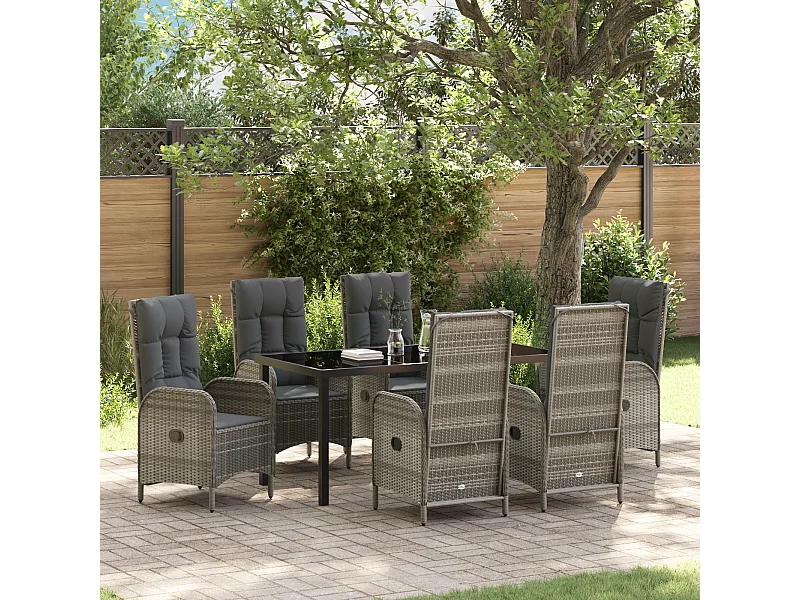 Set da pranzo da giardino in polyrattan grigio da 7 pezzi