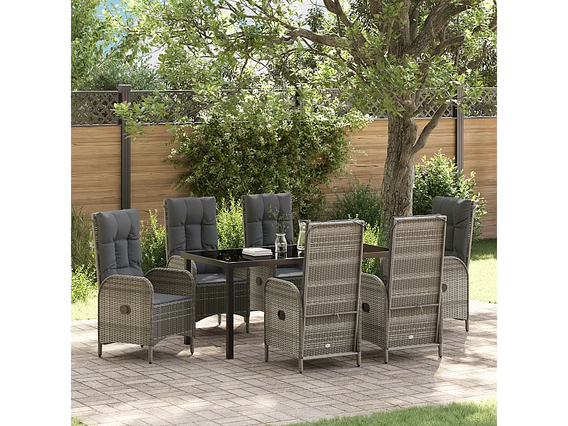 Set da pranzo da giardino in polyrattan grigio da 7 pezzi