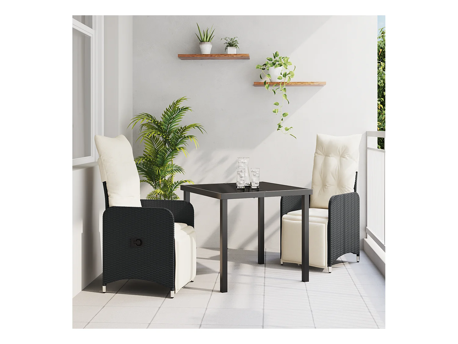 Set da pranzo da giardino in rattan sintetico nero, 3 pezzi, con cuscini