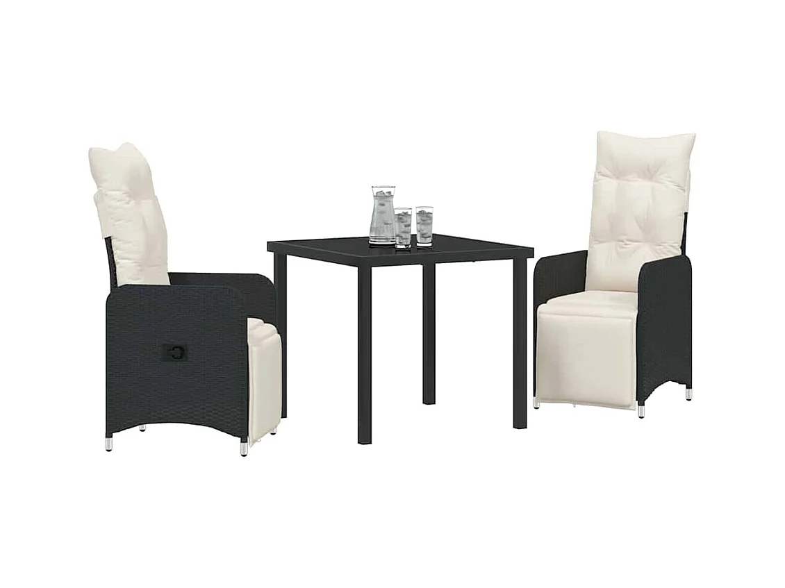 Set da pranzo da giardino in rattan sintetico nero, 3 pezzi, con cuscini