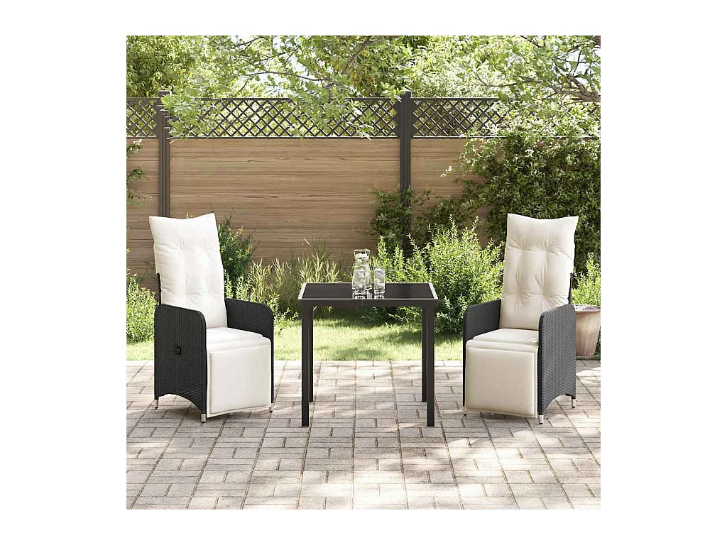 Set da pranzo da giardino in rattan sintetico nero, 3 pezzi, con cuscini