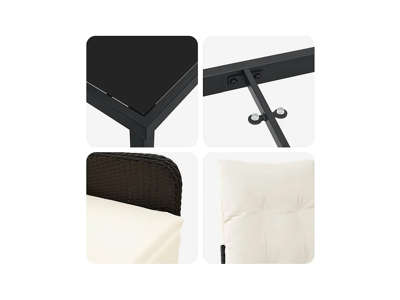 Set da pranzo da giardino in rattan sintetico nero, 3 pezzi, con cuscini