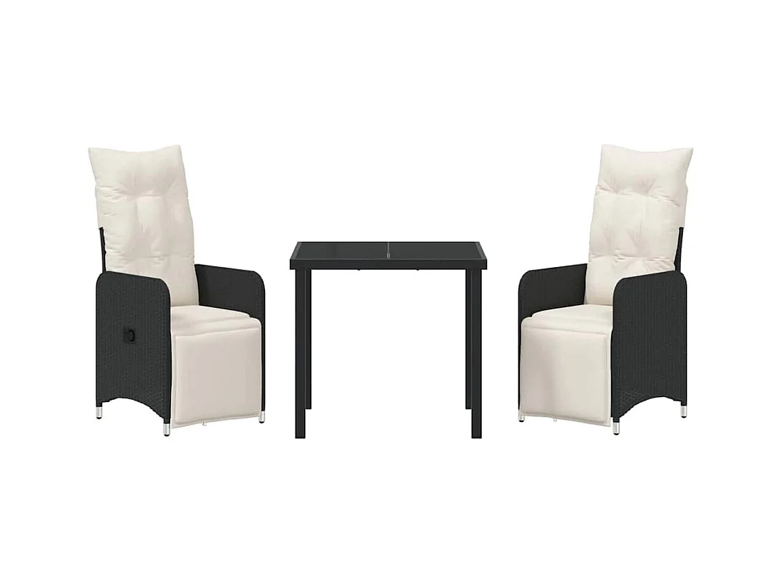 Set da pranzo da giardino in rattan sintetico nero, 3 pezzi, con cuscini