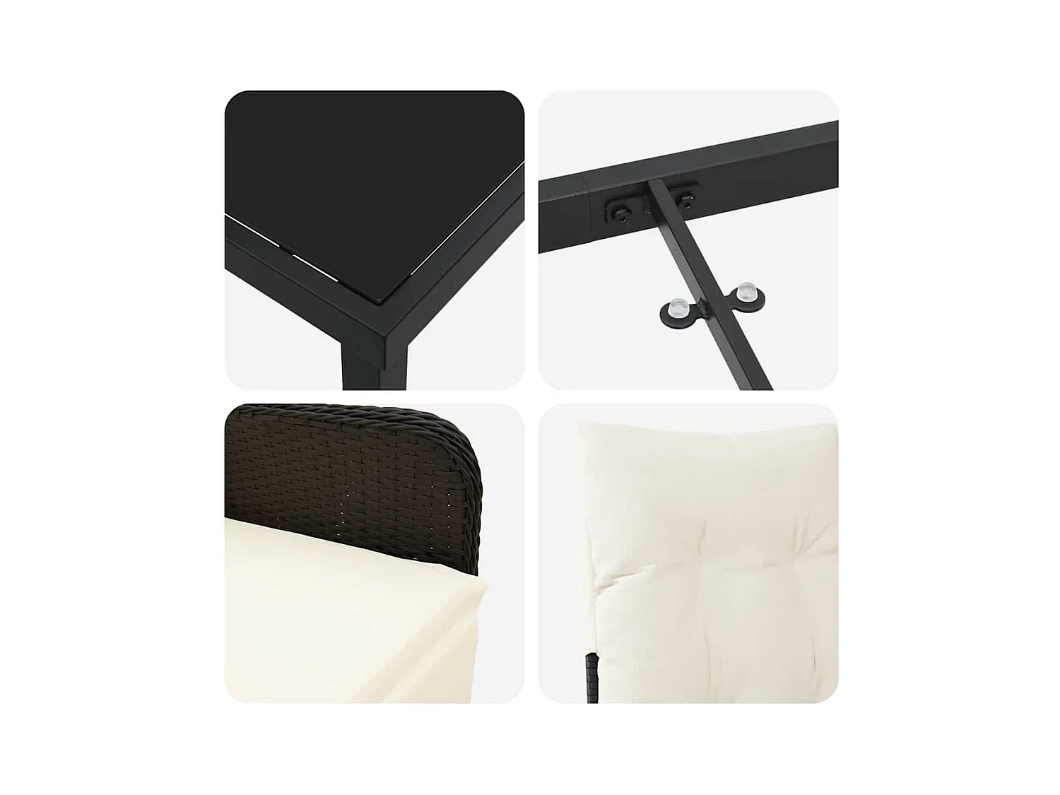 Set da pranzo da giardino in rattan sintetico nero, 3 pezzi, con cuscini