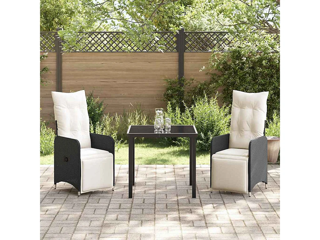 3-delige tuintafelset met kussens van zwart polyrotan