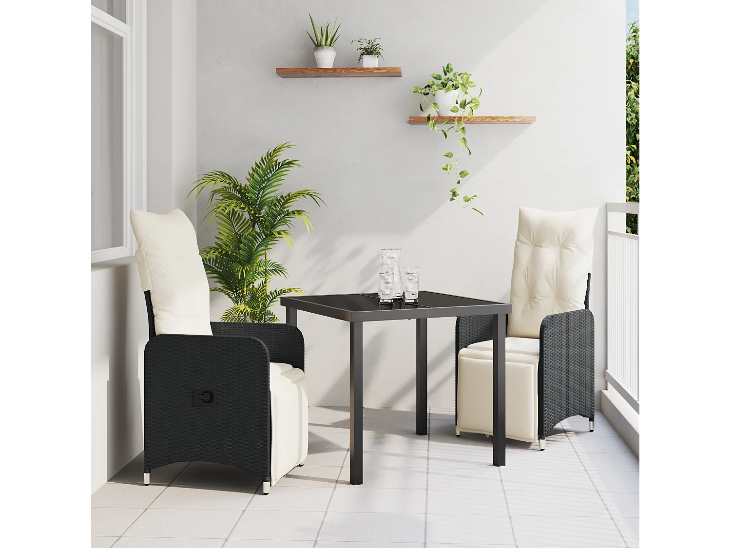 Set de table à manger de jardin 3 pièces avec coussins en poly rotin noir