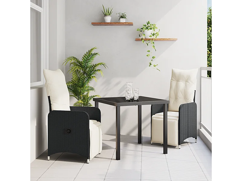 Set da pranzo da giardino in rattan sintetico nero, 3 pezzi, con cuscini