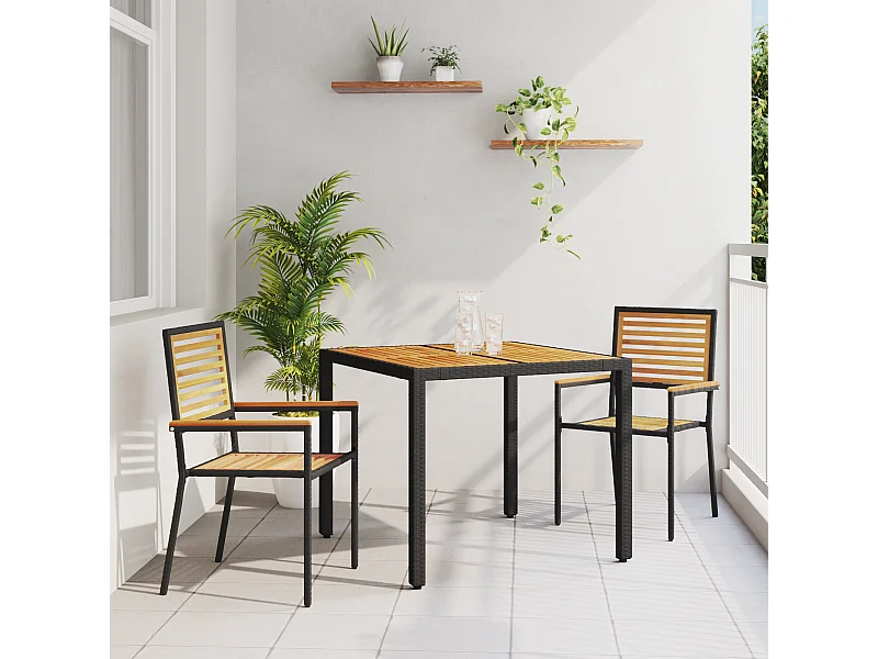 Ensemble repas jardin 3 pièces poly rotin noir et acacia