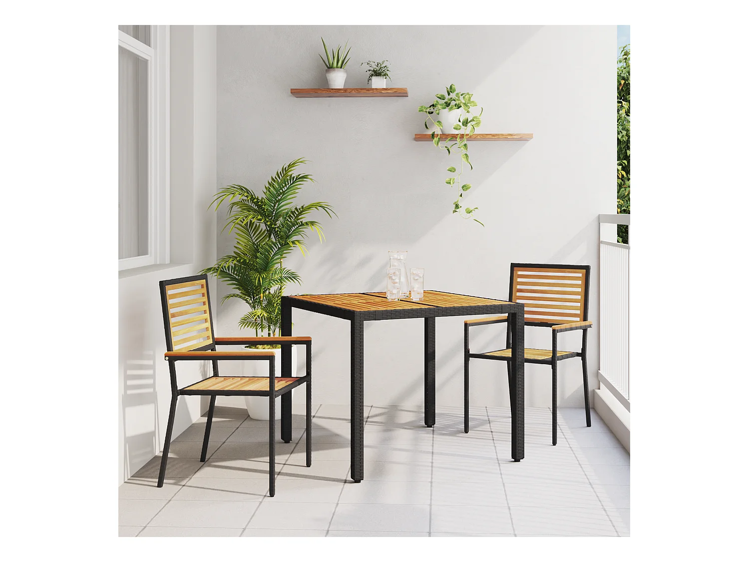 Set da pranzo da giardino 3 pezzi in polyrattan nero e acacia