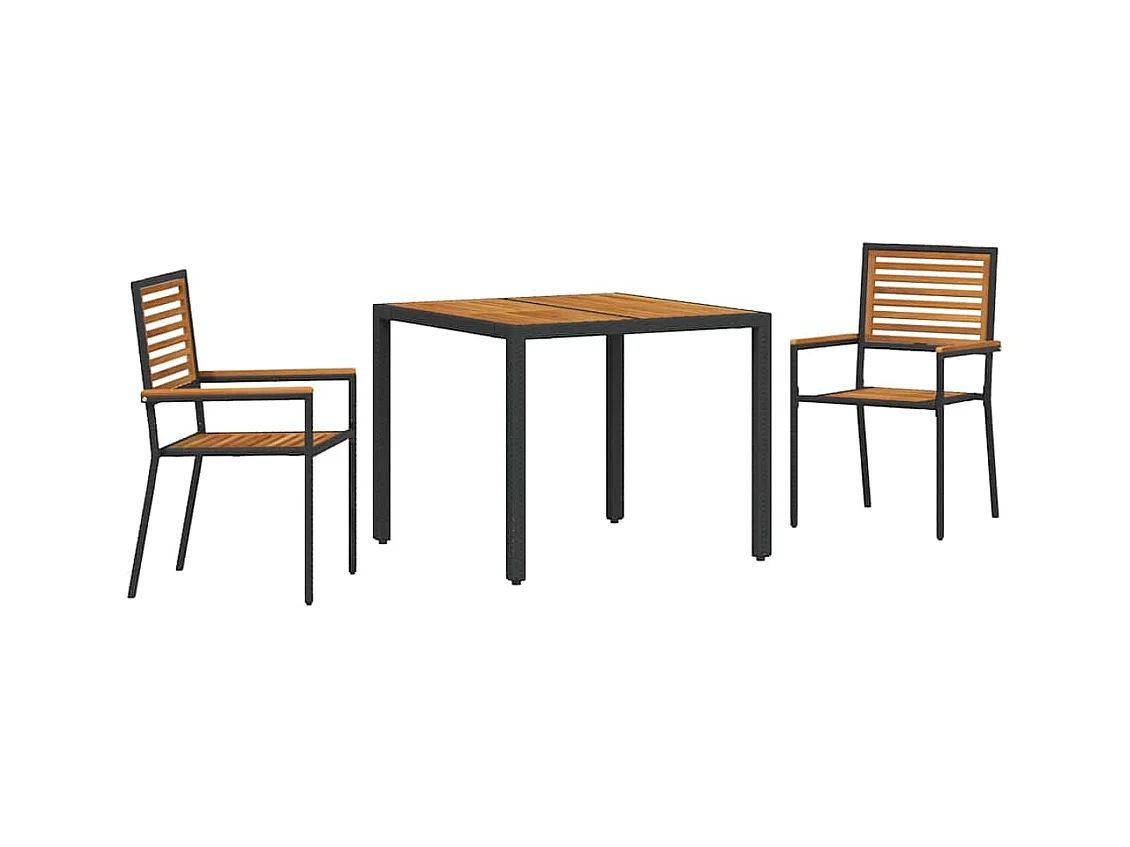 Set da pranzo da giardino 3 pezzi in polyrattan nero e acacia