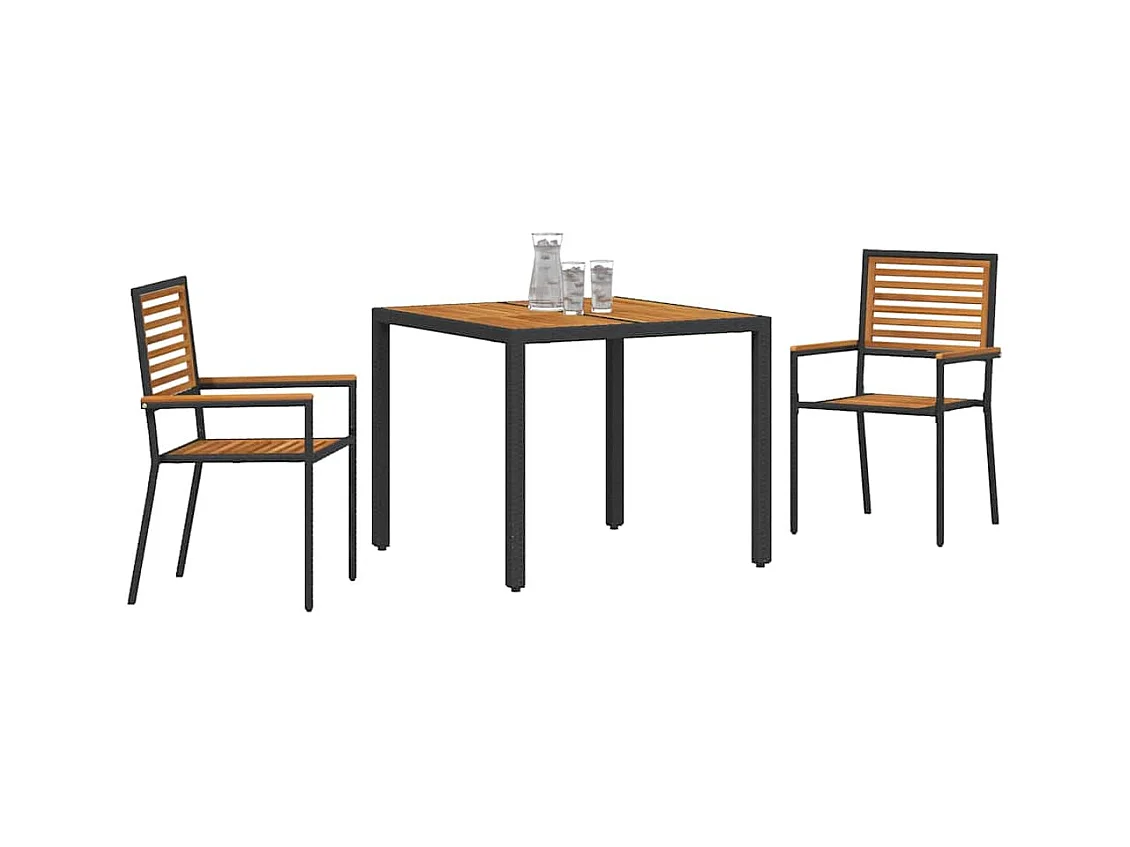 Set da pranzo da giardino 3 pezzi in polyrattan nero e acacia