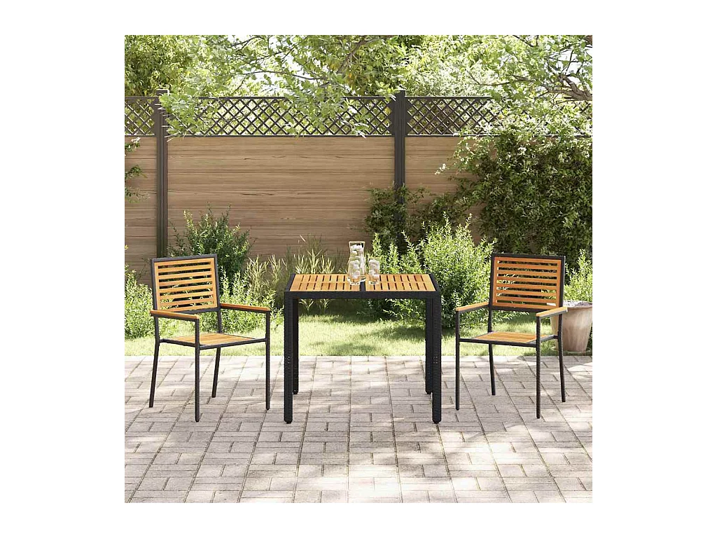 Set da pranzo da giardino 3 pezzi in polyrattan nero e acacia