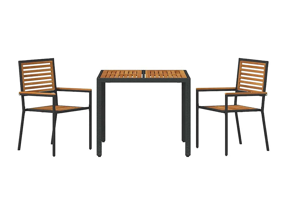 Set da pranzo da giardino 3 pezzi in polyrattan nero e acacia