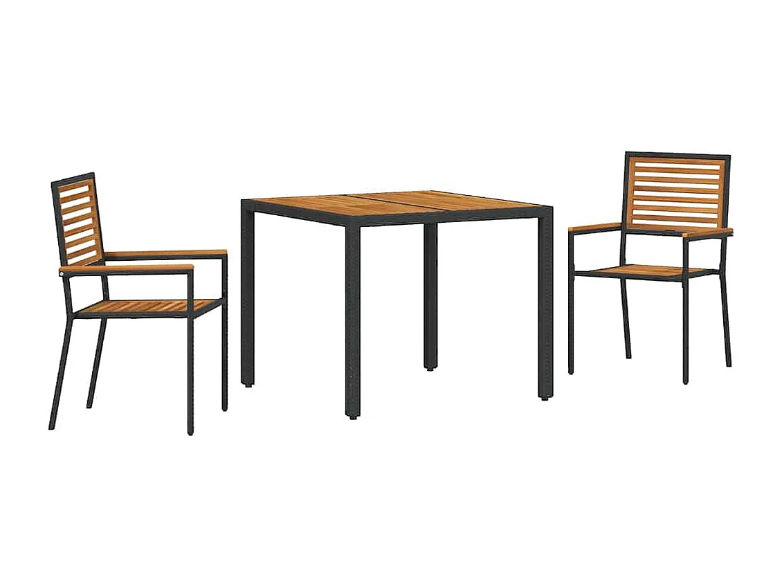 Juego de comedor de jardín de 3 piezas en ratán sintético negro y acacia.
