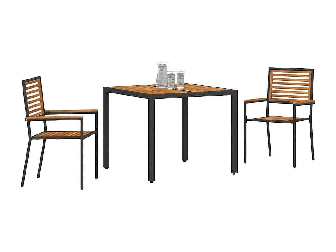 Juego de comedor de jardín de 3 piezas en ratán sintético negro y acacia.