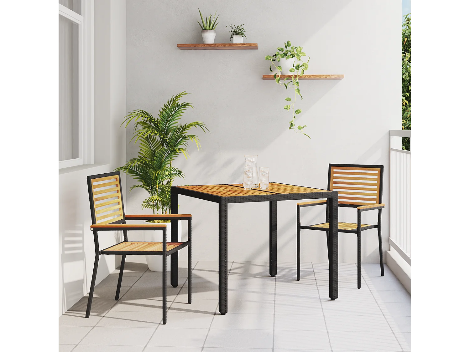 Set da pranzo da giardino 3 pezzi in polyrattan nero e acacia
