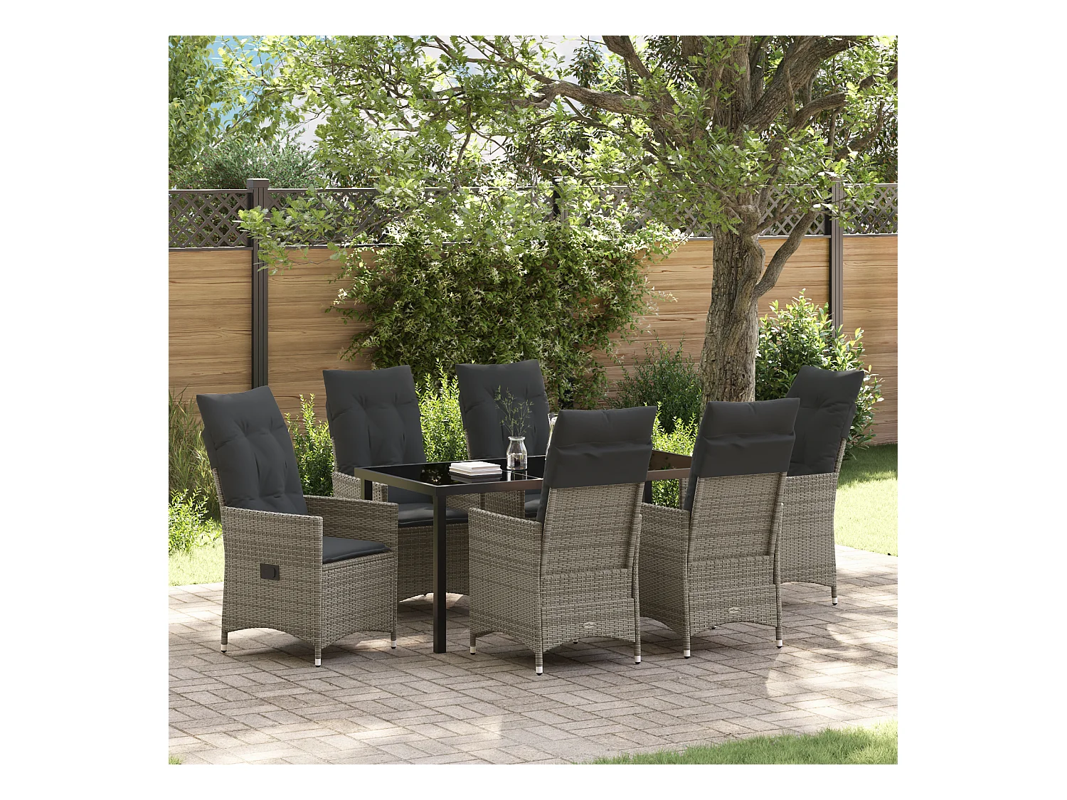 Set da pranzo da giardino 7 pezzi con cuscini in polyrattan grigio