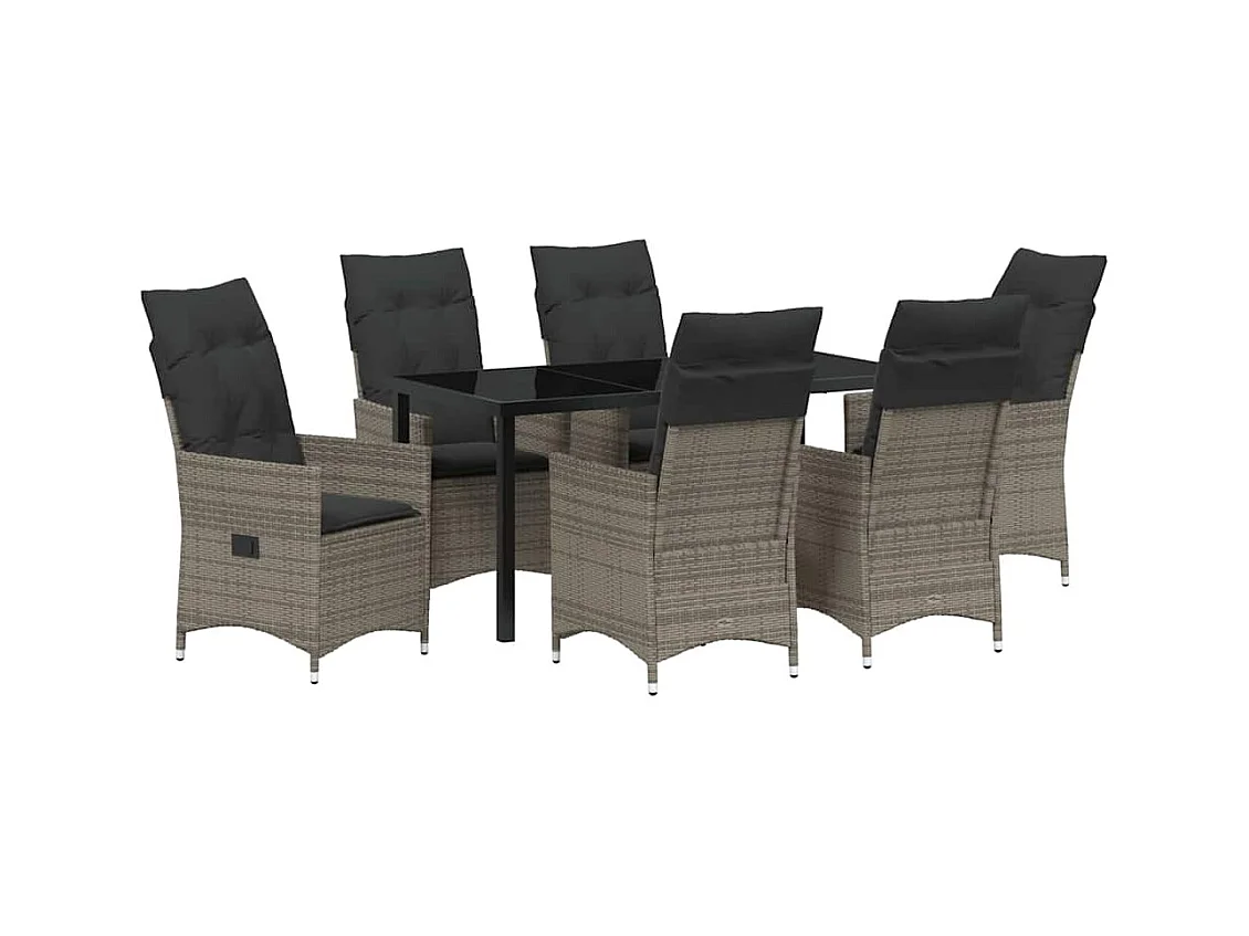 Ensemble de Salle à Manger de Jardin 7 Pièces avec Coussins en Gris Poly Rattan