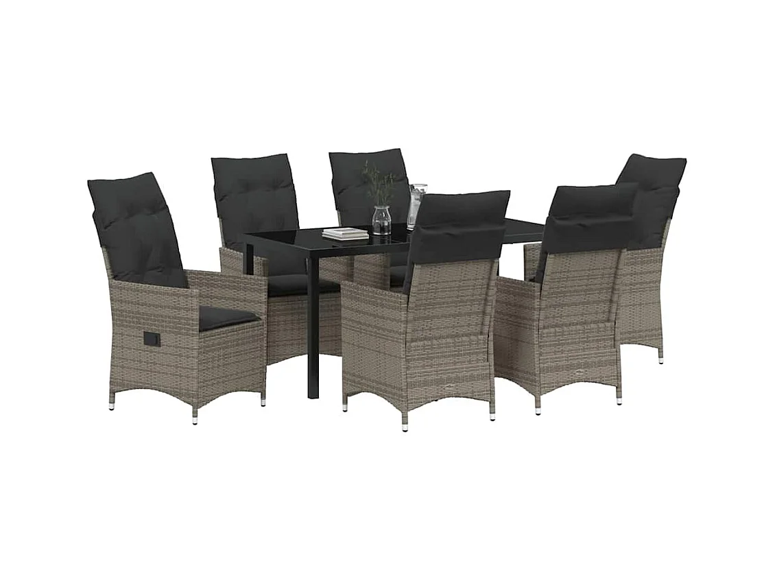 Ensemble de Salle à Manger de Jardin 7 Pièces avec Coussins en Gris Poly Rattan
