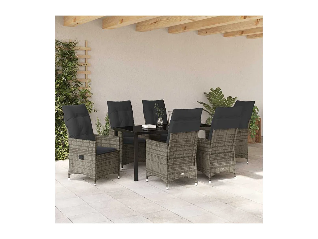Ensemble de Salle à Manger de Jardin 7 Pièces avec Coussins en Gris Poly Rattan