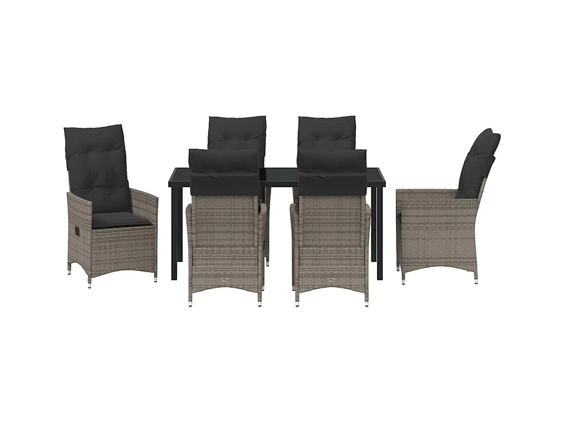 Ensemble de Salle à Manger de Jardin 7 Pièces avec Coussins en Gris Poly Rattan