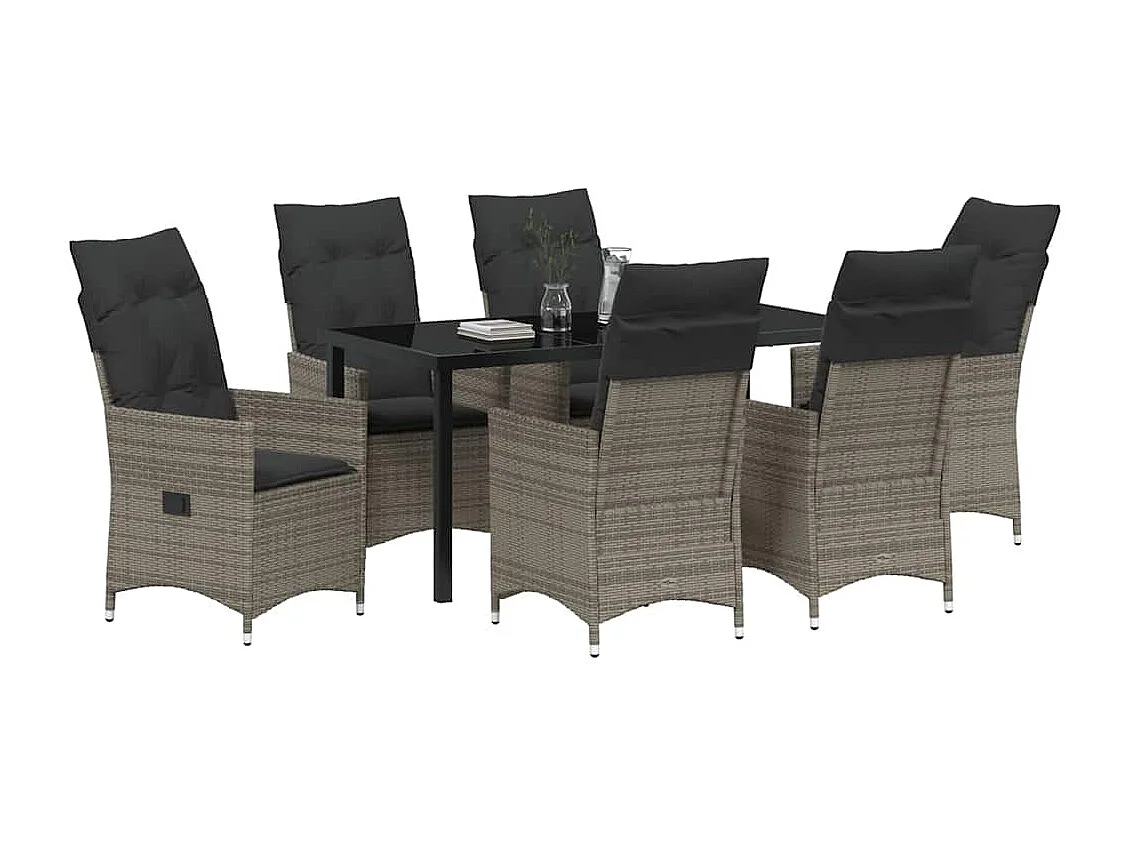 Ensemble de Salle à Manger de Jardin 7 Pièces avec Coussins en Gris Poly Rattan
