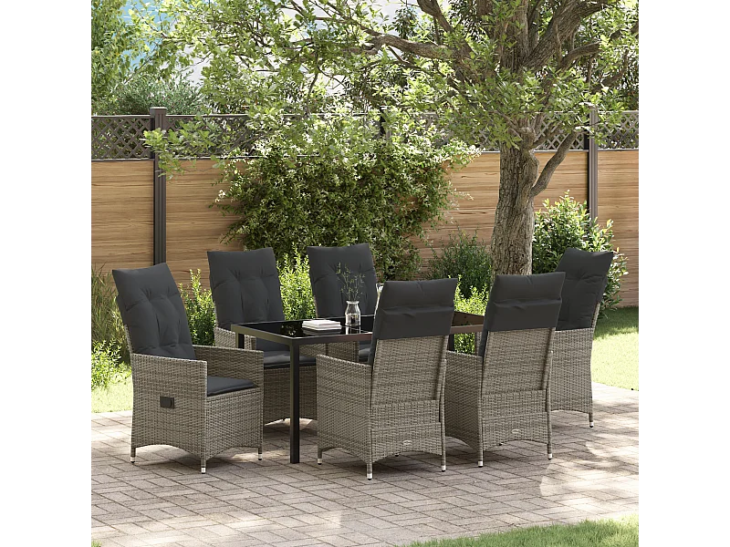 Ensemble de Salle à Manger de Jardin 7 Pièces avec Coussins en Gris Poly Rattan