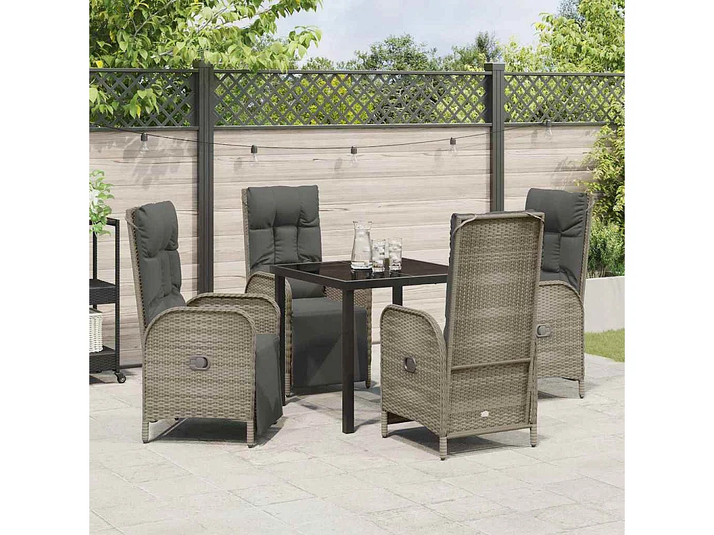 Set da pranzo da giardino 5 pezzi con cuscini in polyrattan grigio