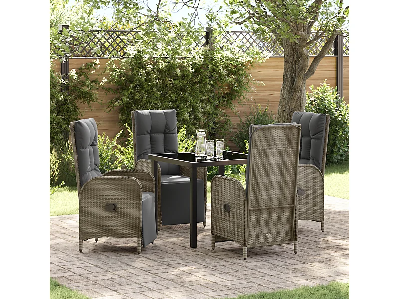 Set da pranzo da giardino 5 pezzi con cuscini in polyrattan grigio