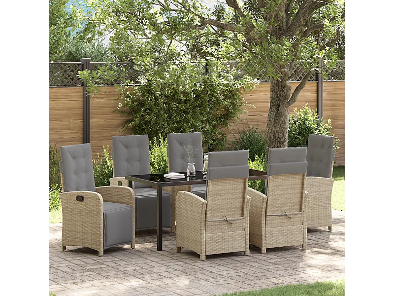 Ensemble de salle à manger de jardin 7 pièces avec coussins beige poly rotin