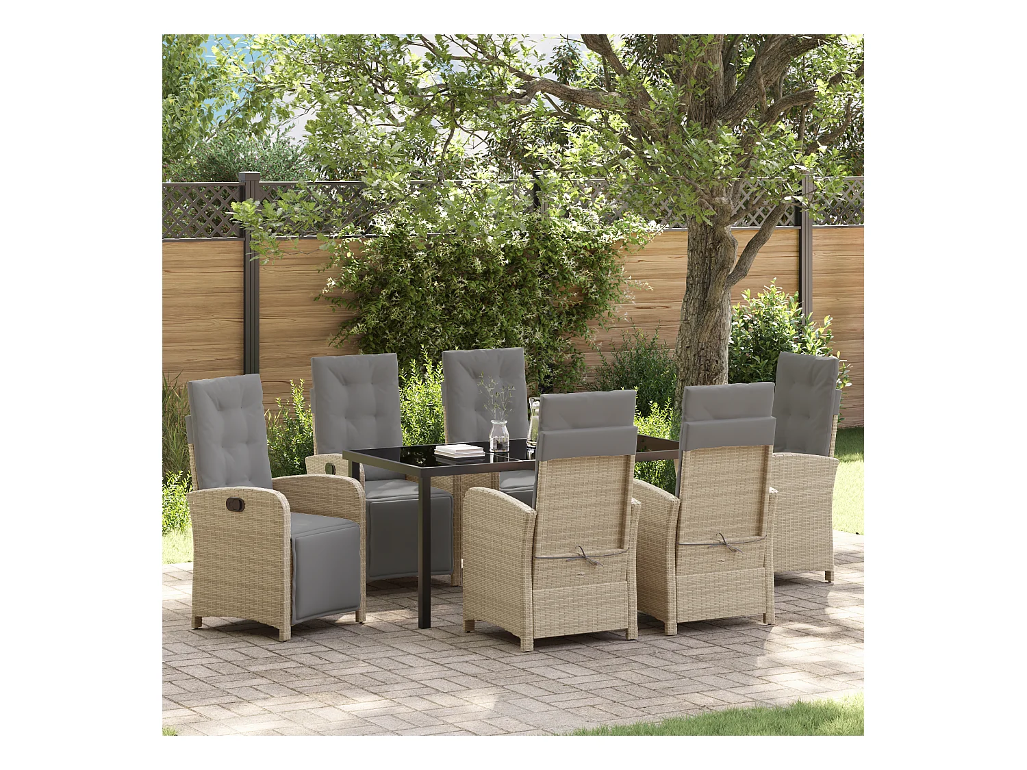 Ensemble de salle à manger de jardin 7 pièces avec coussins beige poly rotin